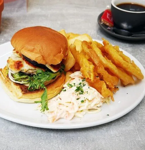 Burger, Chips, Onion Rings and Coleslaw