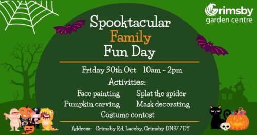 Halloween Family Fun Day at Grimsby Garden Centre, 30th October, 10am to 2pm. Enjoy pumpkin carving, face painting, crafts, costume contests, and spooky family entertainment.